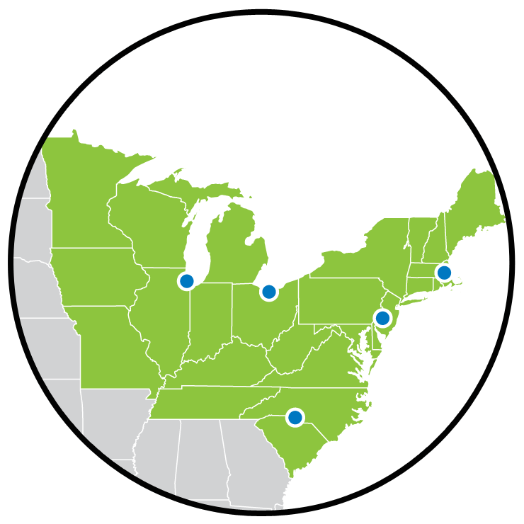A map of the northeastern USA, with markers indicating the locations of EnviroTain™ facilities.